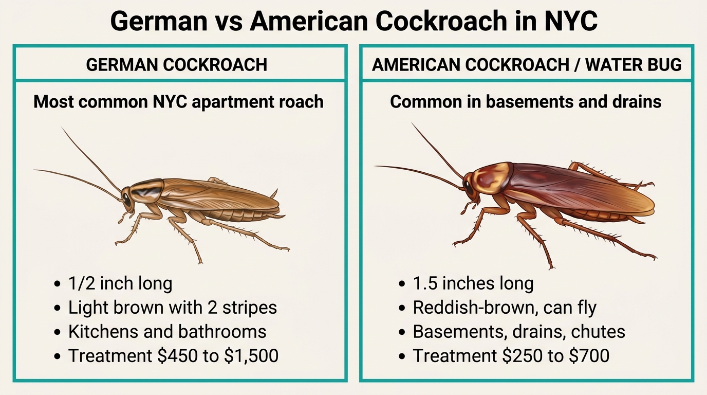 Side-by-side comparison infographic of German cockroach vs American cockroach (water bug) for NYC apartment residents, showing size, color, location, and treatment cost differences.