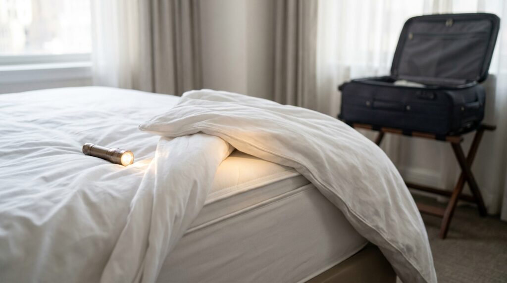 Hotel mattress corner lifted to inspect the seam for bed bugs with a flashlight and suitcase nearby