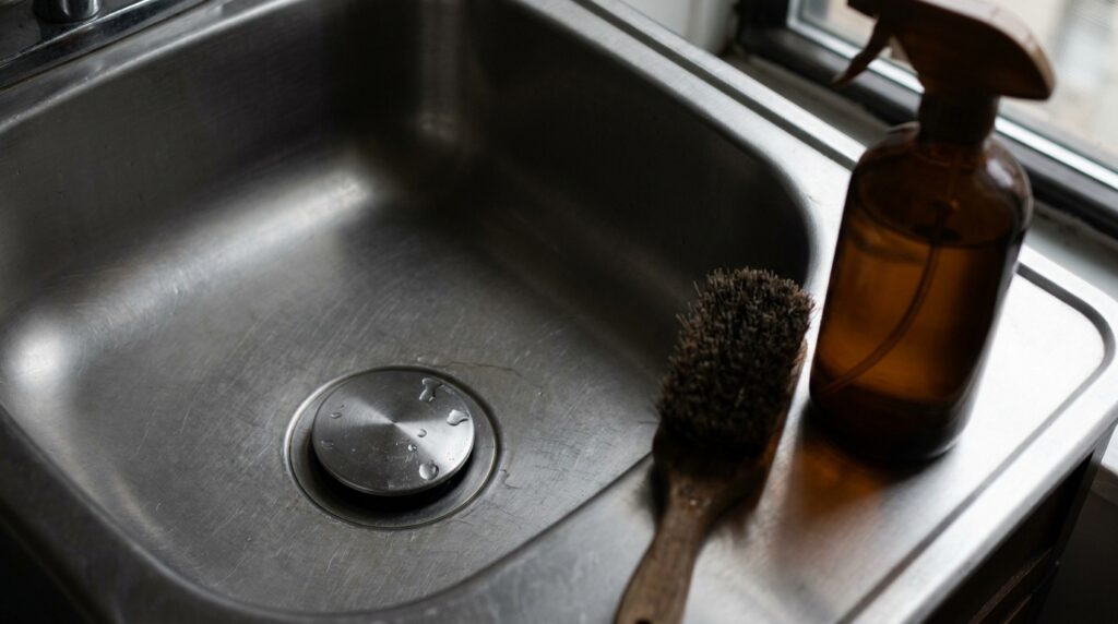 Stainless steel kitchen sink drain with a cleaning brush where drain flies breed