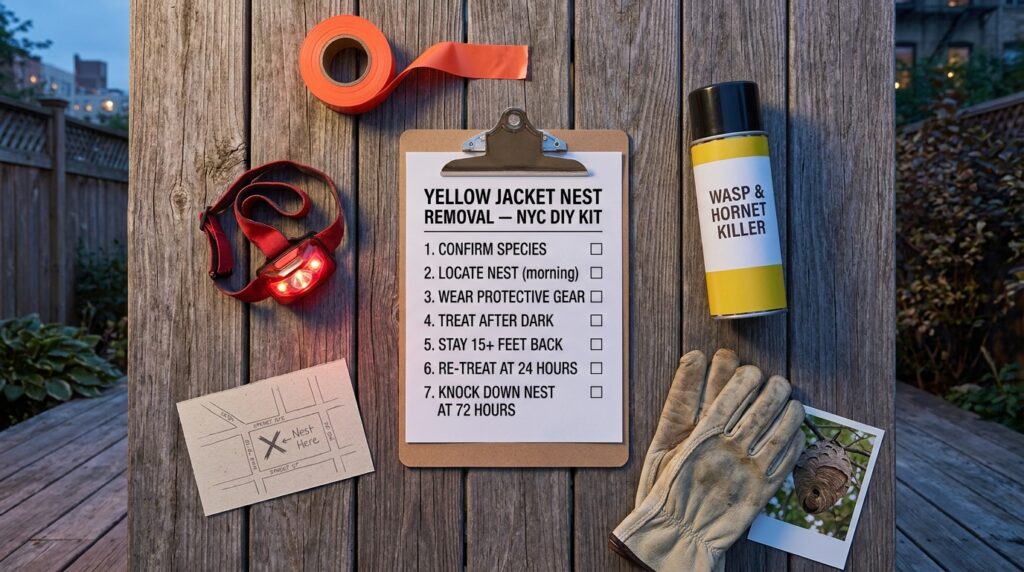 Overhead flat-lay of a NYC yellow jacket DIY removal kit at dusk on weathered wood patio decking — clipboard with 7-step checklist (confirm species, locate nest in morning, wear protective gear, treat after dark, stay 15+ feet back, re-treat at 24 hours, knock down nest at 72 hours), red-filtered headlamp, wasp & hornet killer aerosol, leather work gloves, orange marking tape, hand-drawn nest location map, and polaroid of a paper wasp nest