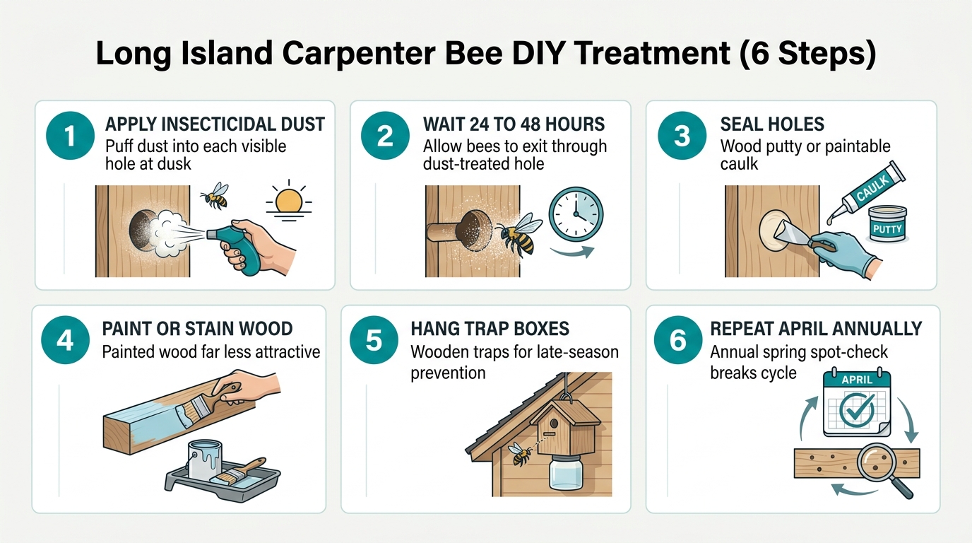 6-step Long Island carpenter bee DIY treatment protocol infographic showing dust application, 24-48 hour wait, hole sealing, painting wood, hanging trap boxes, and annual April repeat.