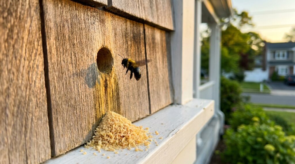 Perfect round half-inch carpenter bee entry hole in cedar siding with sawdust pile below and a carpenter bee hovering on a Long Island home exterior.