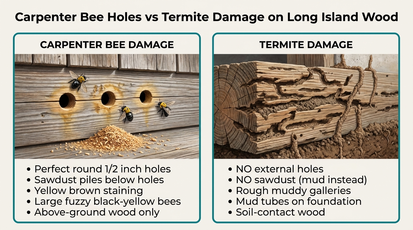 Side-by-side comparison of carpenter bee damage with perfect round half-inch holes and sawdust piles vs termite damage with mud tubes and no external holes on Long Island wood.