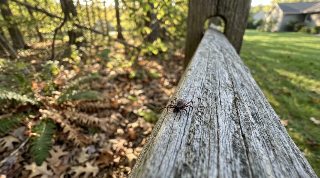 Deer tick crawling on a cedar fence post at Long Island Suffolk County wooded property edge with leaf litter visible.