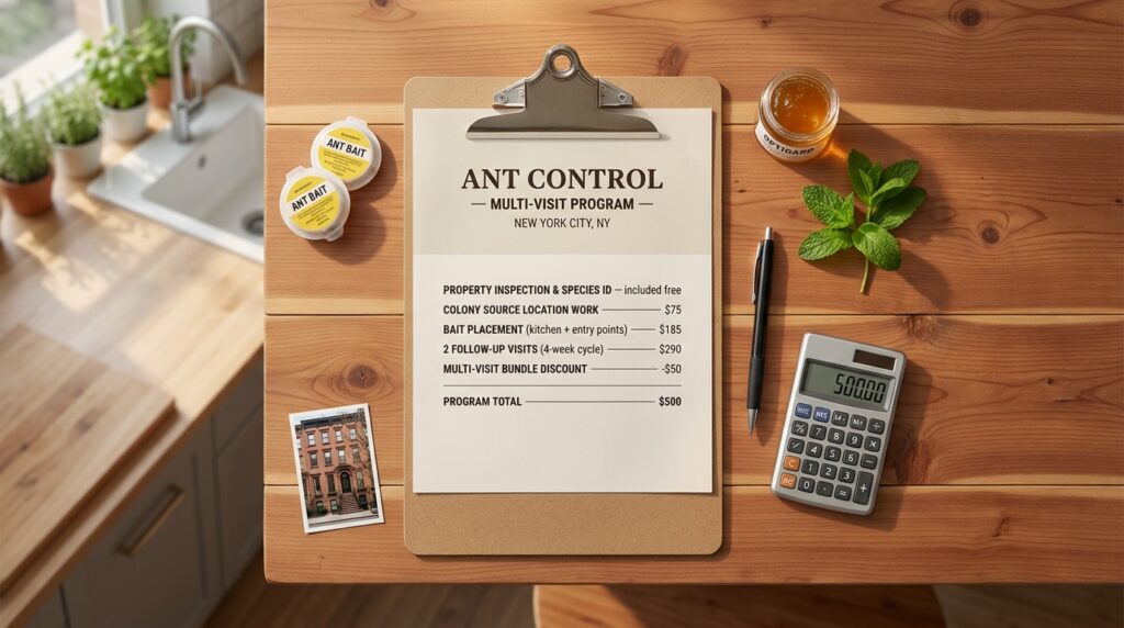 Overhead flat-lay of an itemized NYC ant exterminator quote on a clipboard — line items for property inspection and species ID, colony source location, bait placement, 2 follow-up visits, and a multi-visit bundle discount totaling $500, on a cedar kitchen table at golden hour with ant bait stations and an Optigard bait jar visible