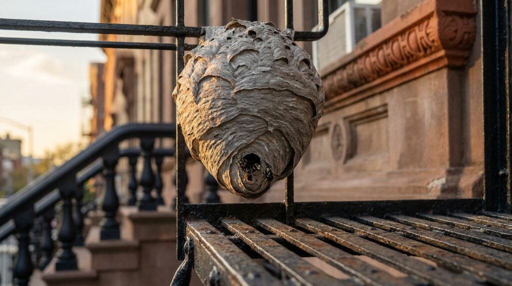 Close-up photograph of a large gray football-shaped bald-faced hornet paper nest about basketball-size hanging from the wrought-iron railing of a Brooklyn brownstone fire escape at golden hour, with a small cluster of hornets visible at the bottom entry hole and the terracotta brownstone facade visible in the soft background.