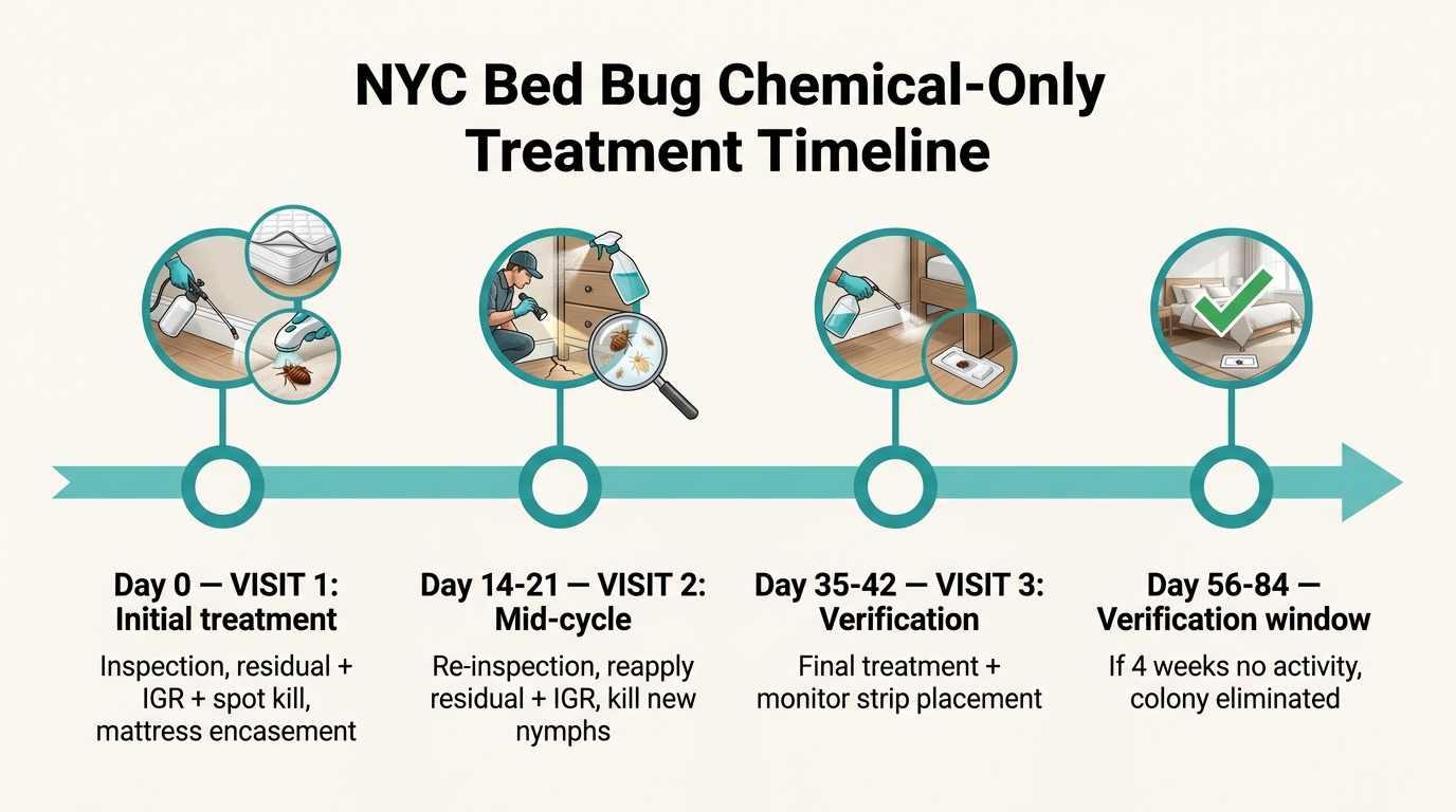 Horizontal timeline showing the NYC bed bug chemical-only 3-visit treatment cycle: Day 0 initial treatment, Day 14-21 mid-cycle, Day 35-42 verification visit, Day 56-84 verification window for confirmed colony elimination.