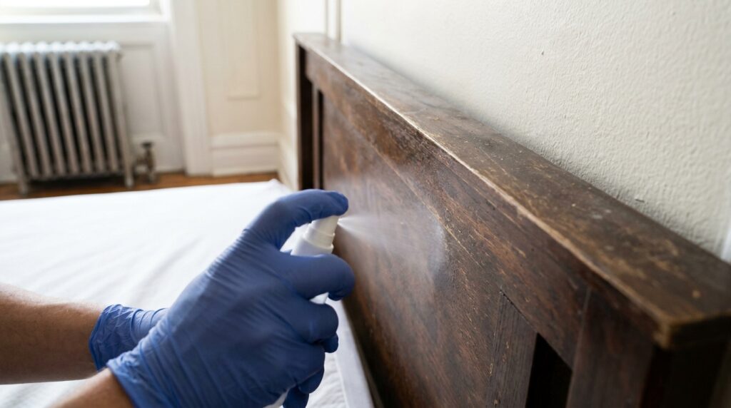 Close-up photograph of blue nitrile-gloved hands holding a white plastic spray applicator nozzle treating the wood seam of a NYC apartment bed frame headboard, with a clean mattress encasement visible and a cast iron radiator in the soft-focus background.