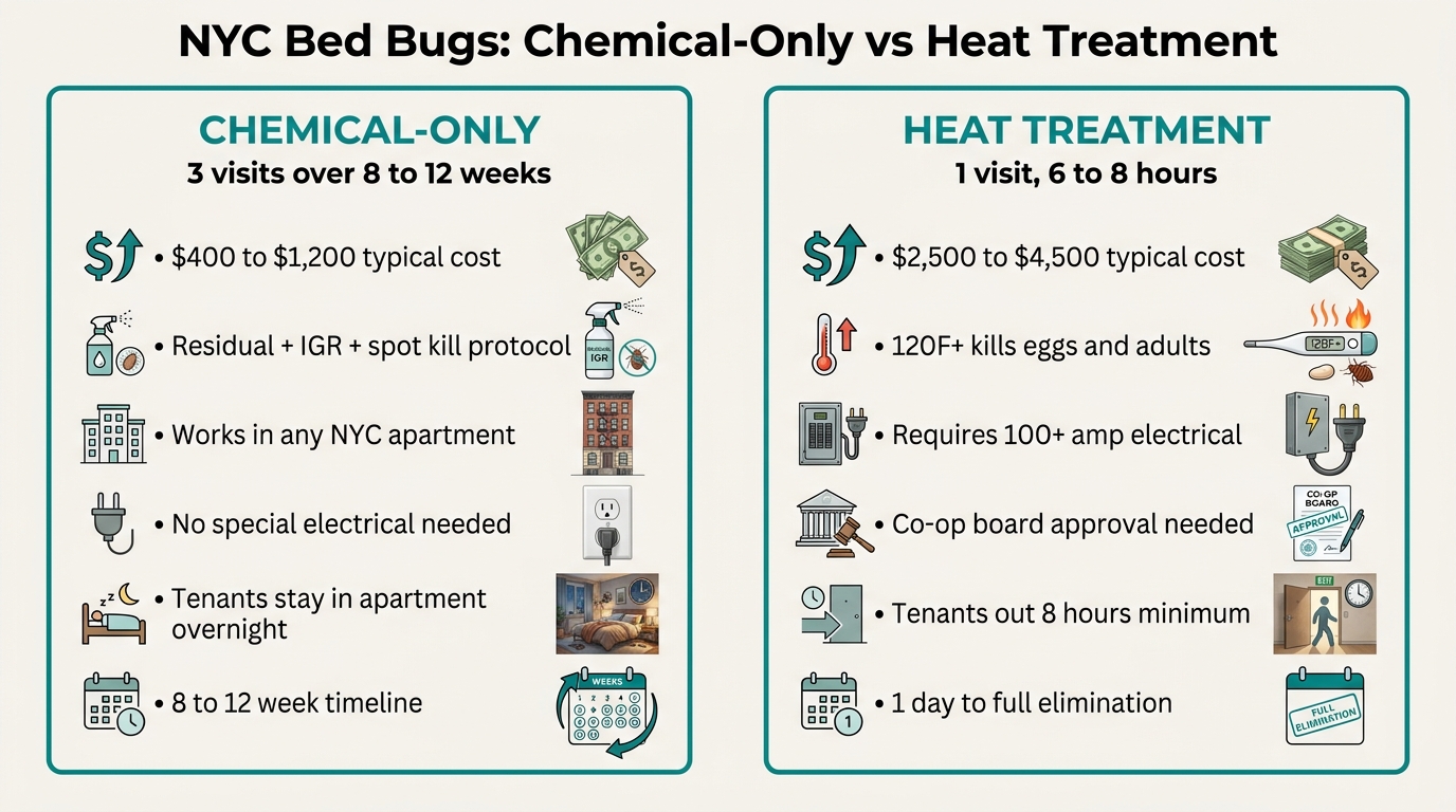 Side-by-side comparison of NYC bed bug chemical-only treatment vs heat treatment: chemical-only $400-$1,200 over 3 visits across 8-12 weeks vs heat treatment $2,500-$4,500 in a single 6-8 hour visit.