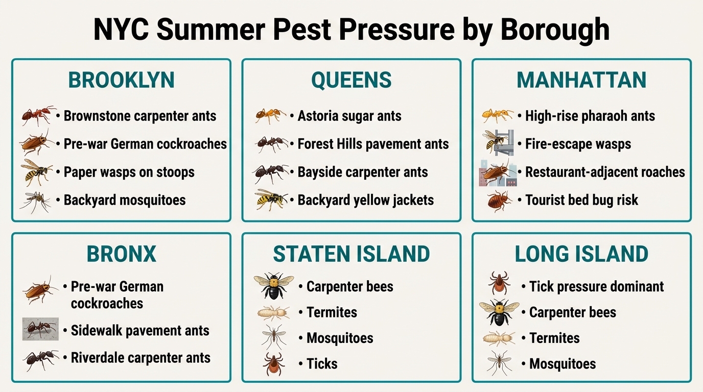 NYC summer pest pressure by borough infographic showing Brooklyn brownstone pests, Queens species mix, Manhattan high-rise pests, Bronx pre-war pressure, Staten Island detached-home pests, and Long Island suburban pests.