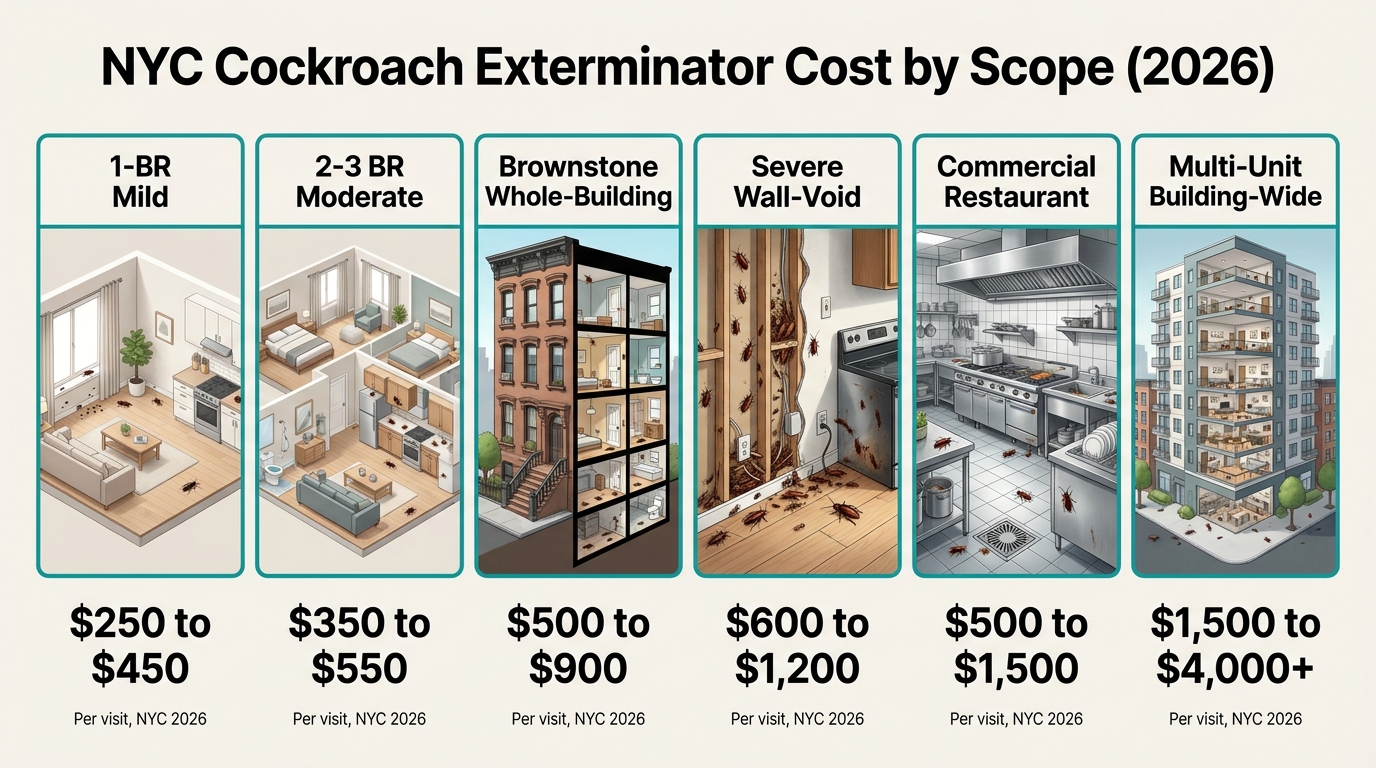 6-panel cost-comparison infographic showing NYC cockroach exterminator cost by scope in 2026: 1-BR mild, 2-3 BR moderate, brownstone whole-building, severe wall-void, commercial restaurant, and multi-unit building-wide pricing tiers.