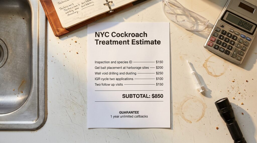 Overhead flat-lay photograph of an itemized NYC cockroach treatment estimate showing five line items totaling $850: inspection and species ID $150, gel bait placement at harborage sites $200, wall void drilling and dusting $250, IGR cycle two applications $100, and two follow up visits $150 — with a 1-year unlimited callback guarantee, alongside a calculator showing 850.00, safety glasses, gel bait syringe, flashlight, and technician notebook on a worn vintage NYC apartment kitchen counter.