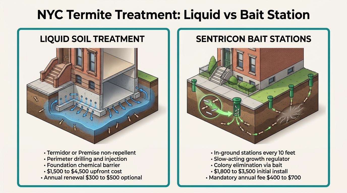 Side-by-side comparison of NYC termite treatment methods: liquid soil treatment with Termidor or Premise non-repellent perimeter drilling at $1,500-$4,500 upfront with optional annual renewal, vs Sentricon bait stations at $1,800-$3,500 initial with mandatory annual renewal $400-$700.