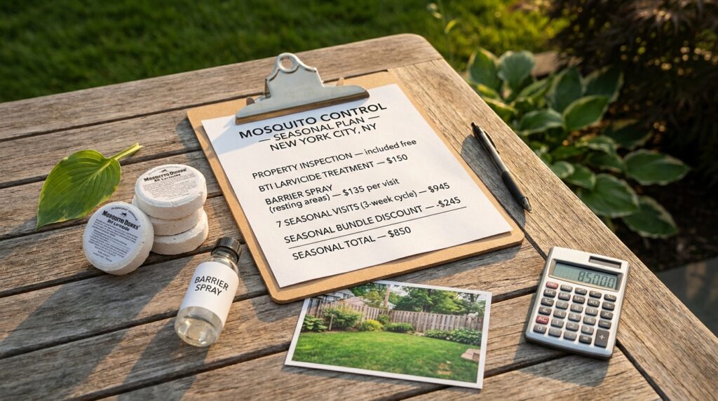 Overhead flat-lay of a New York City mosquito control seasonal quote on a clipboard — itemized line items for property inspection, Bti larvicide treatment, barrier spray, and 7 seasonal visits totaling $850, on a cedar deck table at golden hour
