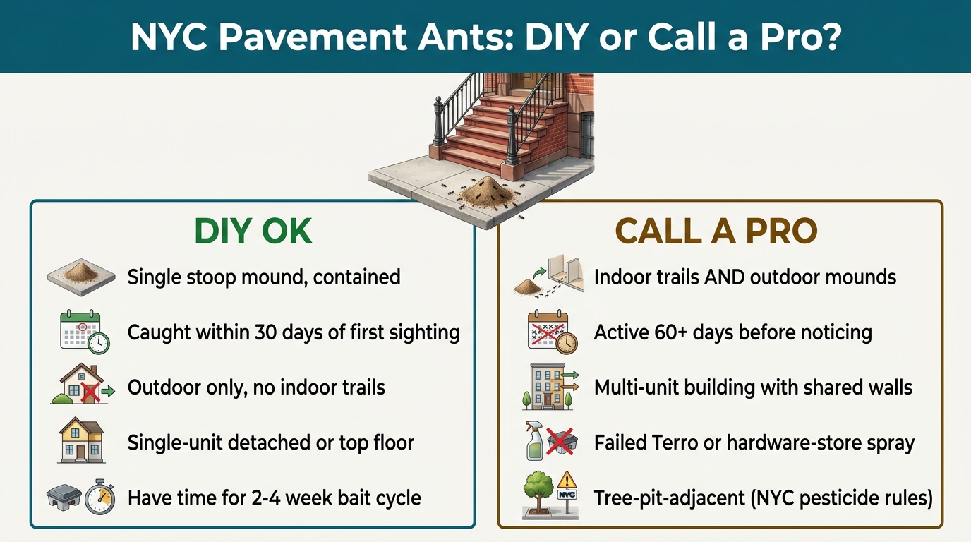 Two-column DIY vs Call a Pro decision matrix for NYC pavement ant control showing 5 criteria for each option, with DIY OK for contained outdoor stoop mounds caught within 30 days, and Call A Pro for indoor and outdoor trails, multi-unit buildings, failed DIY, and tree-pit-adjacent infestations.