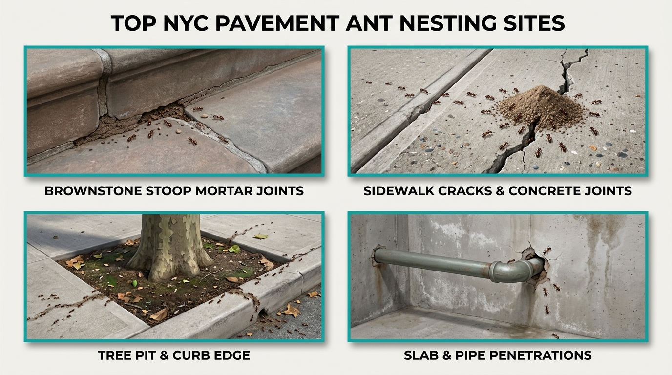 4-panel diagnostic infographic showing the top NYC pavement ant nesting sites in 2026: brownstone stoop mortar joints, sidewalk cracks and concrete joints, tree pit and curb edge, and slab and pipe penetrations.