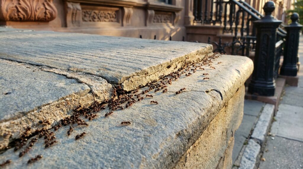 Close-up macro photograph of a dense foraging trail of dark brown pavement ants emerging from a narrow crack in the mortar joint between two weathered bluestone treads of a Brooklyn brownstone stoop at golden hour, with the brownstone facade and iron stoop railing visible in the soft background