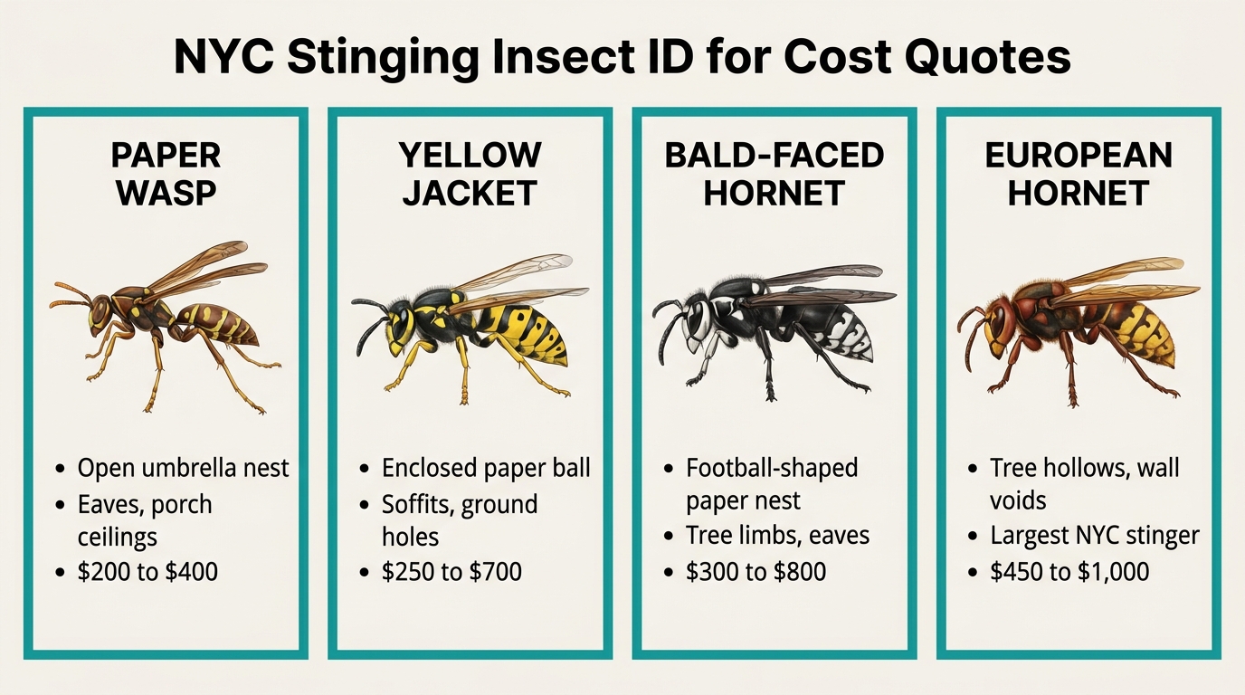 4-panel side-by-side species ID comparison for NYC stinging insect cost quotes: paper wasp $200-$400, yellow jacket $250-$700, bald-faced hornet $300-$800, European hornet $450-$1,000.