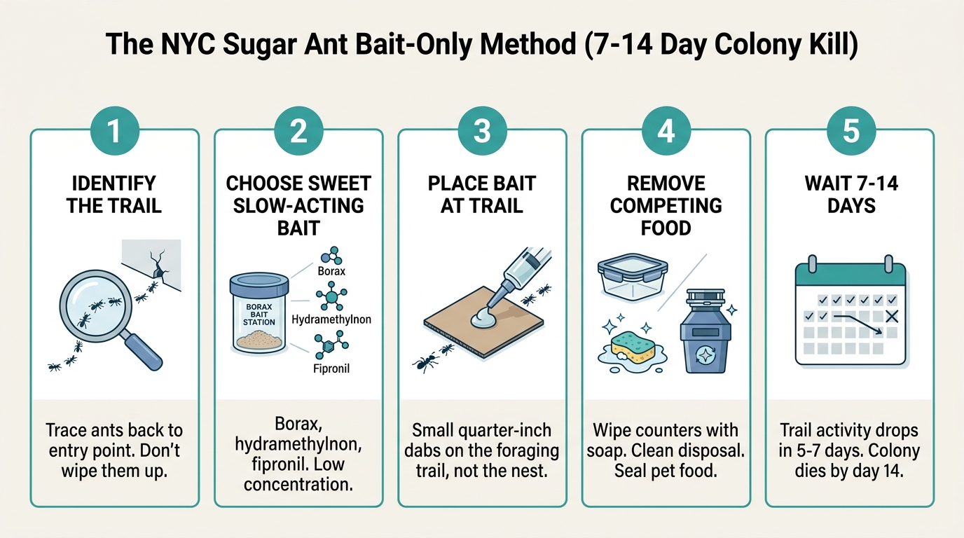 5-step horizontal infographic showing the NYC sugar ant bait-only method for a 7-14 day colony kill: identify the trail, choose a sweet slow-acting bait, place bait at the trail, remove competing food sources, wait 7-14 days.
