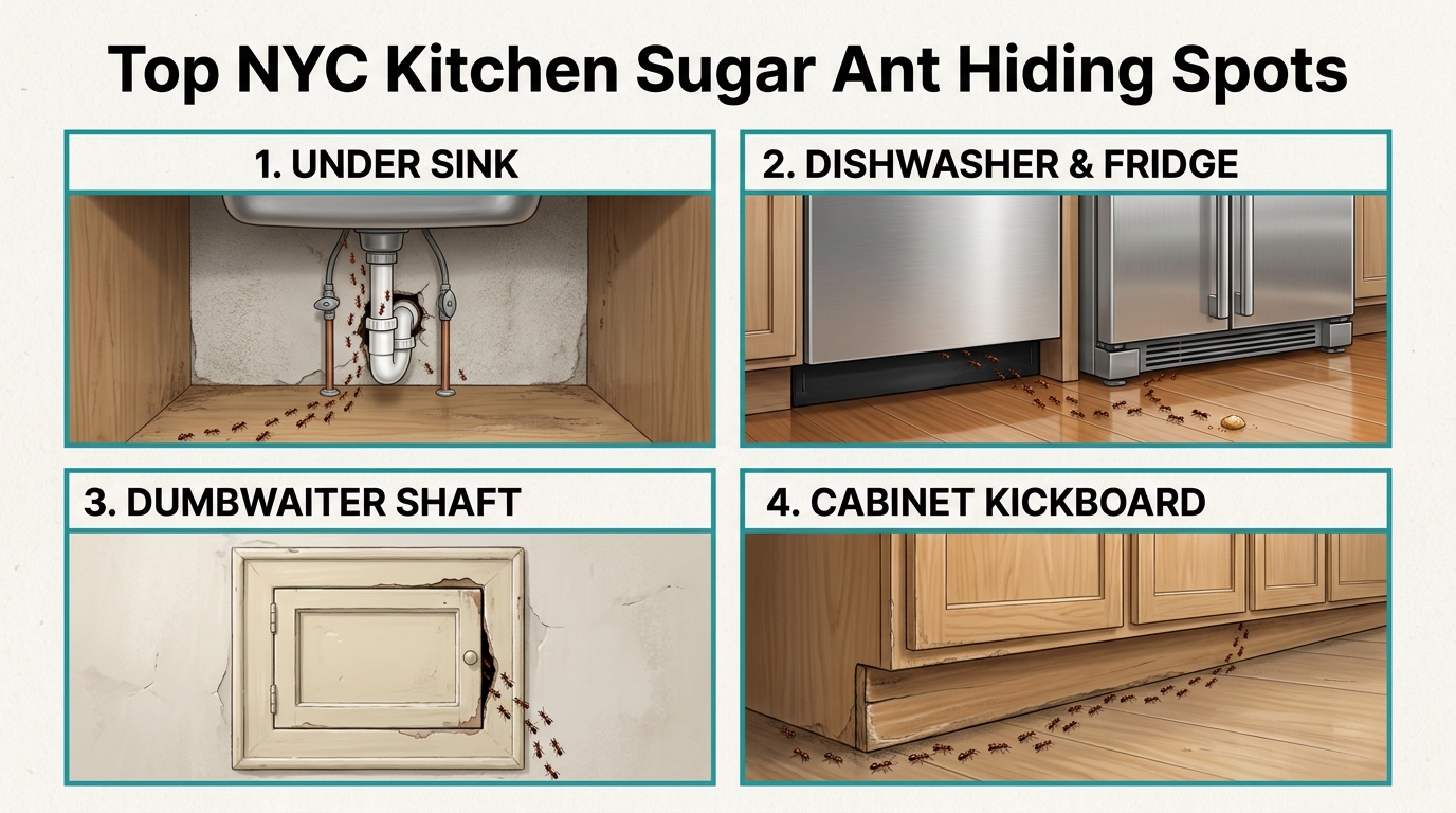 4-panel diagnostic infographic showing the top NYC kitchen sugar ant hiding spots in 2026: under sink plumbing penetrations, dishwasher and fridge toe-kick, pre-war dumbwaiter shaft, and cabinet kickboard cavity.