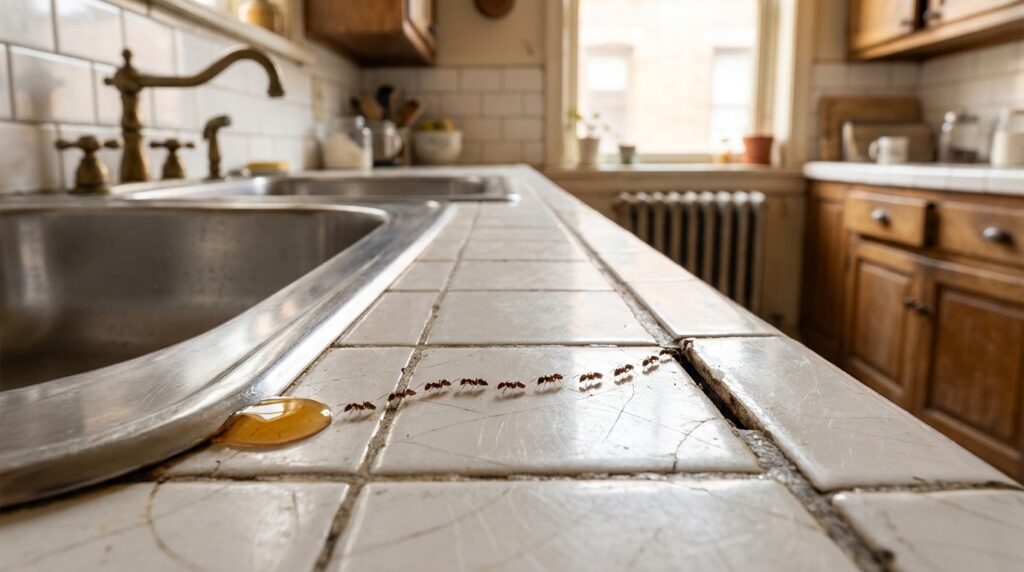 Close-up macro photograph of a thin foraging trail of tiny dark brown sugar ants (odorous house ants) marching across a worn vintage white tile counter from a small drop of spilled honey near a chrome stainless steel sink edge toward a gap at the white subway tile backsplash, in a pre-war NYC apartment kitchen with an antique brass faucet and warm morning window light.