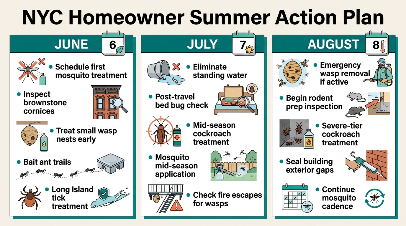 NYC homeowner summer action plan infographic with 3 columns June July August showing monthly inspection, treatment, and prevention priorities for all major NYC pests.