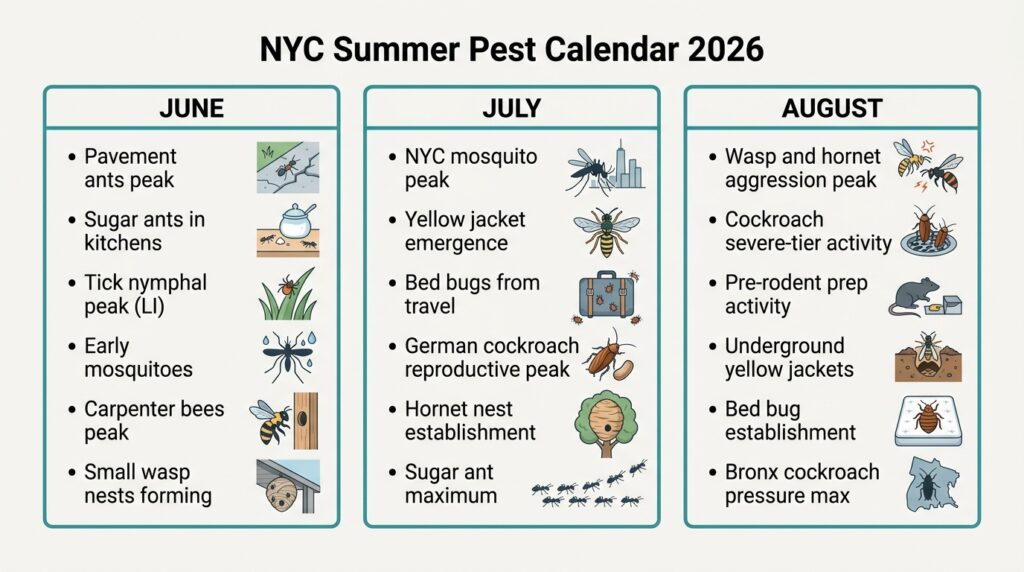 NYC Summer Pest Calendar 2026 three-column grid showing June, July, and August pest priorities for all five boroughs and Long Island.
