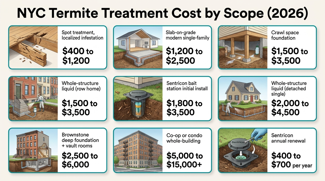9-tier infographic showing NYC termite treatment cost by scope in 2026 from $400-$1,200 for localized spot treatment up to $5,000-$15,000+ for co-op or condo whole-building treatment, plus annual Sentricon renewal at $400-$700 per year.