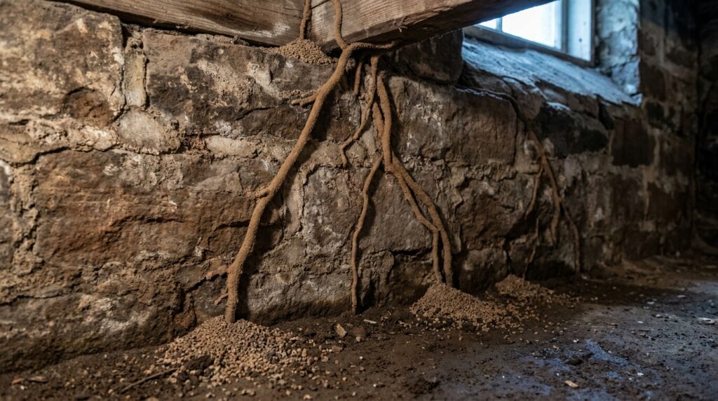 Close-up macro photograph of subterranean termite mud tubes running vertically up a vintage brownstone basement foundation wall in NYC, snaking from the dirt floor up the rough stone-and-mortar foundation toward an exposed wooden floor joist at the top of the frame, with small piles of excavated soil at the base.