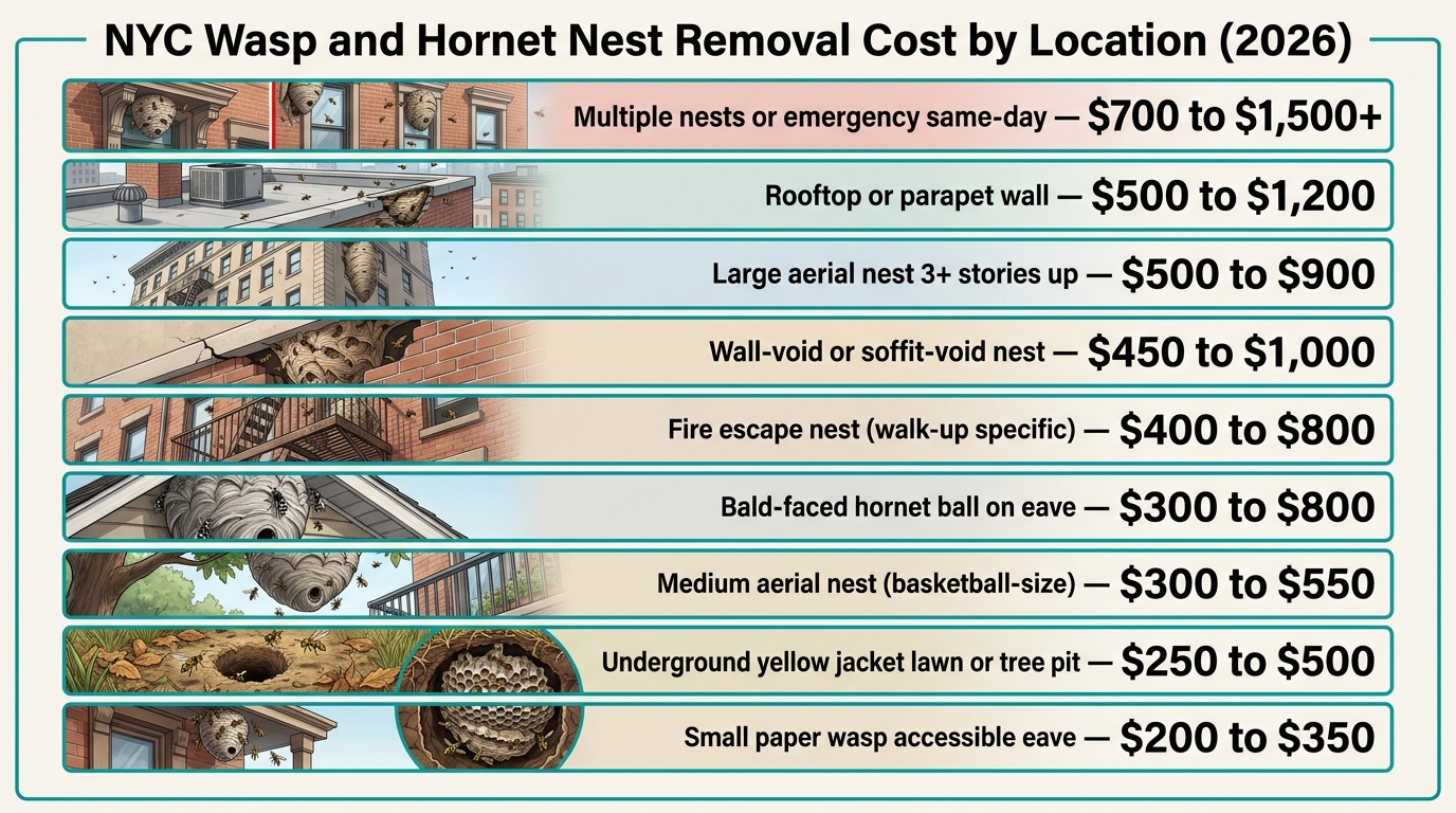 9-tier vertical infographic showing NYC wasp and hornet nest removal cost by location in 2026, with the cheapest accessible paper wasp eave job at $200-$350 and the most expensive multi-nest emergency same-day job at $700-$1,500+.