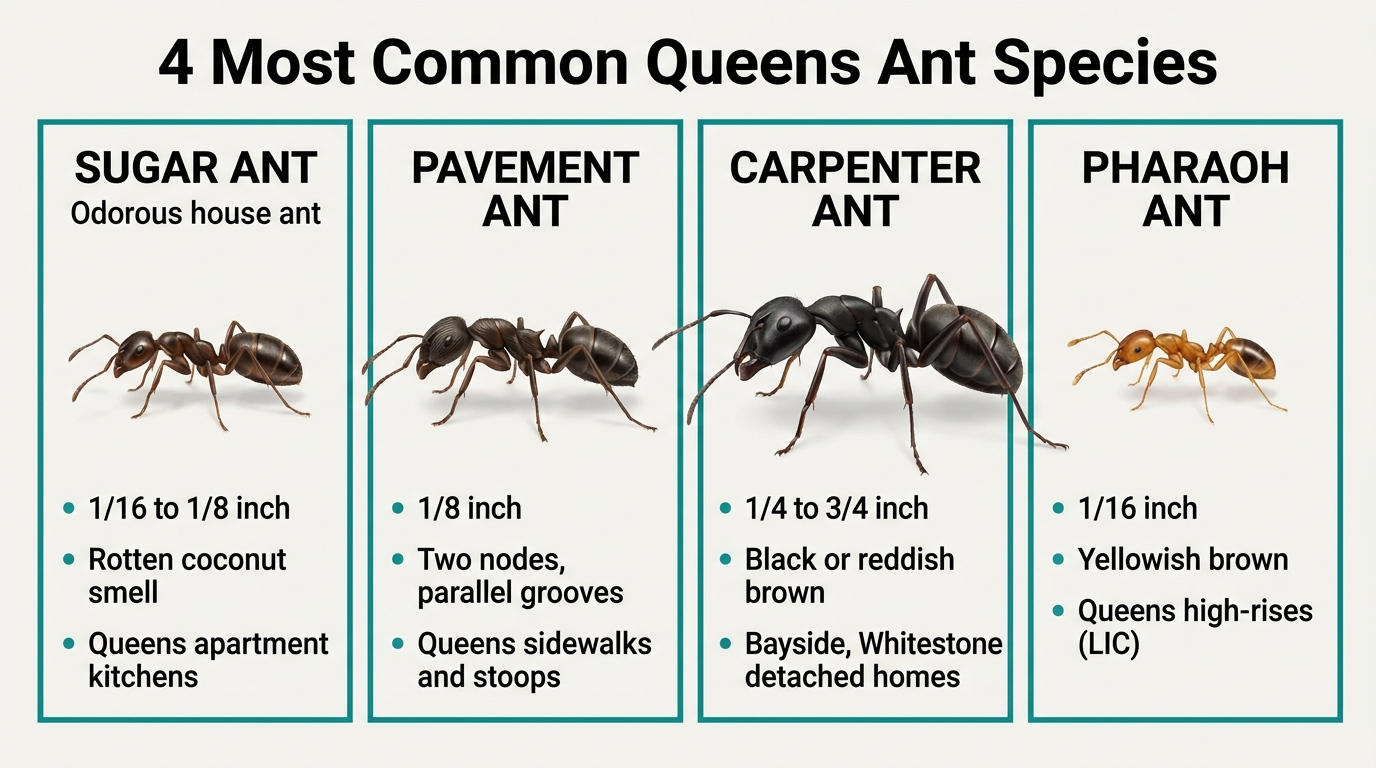 4-panel species ID infographic showing the 4 most common Queens ant species: sugar ant (odorous house ant), pavement ant, carpenter ant, and pharaoh ant — each with size, identifying features, and typical Queens location.