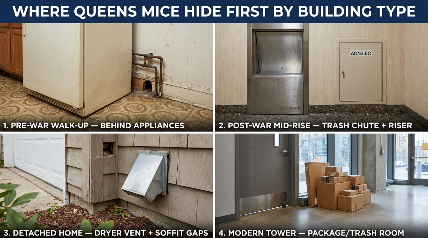 4-panel photo grid showing where Queens mice hide first by building type — pre-war walk-up behind appliances, post-war mid-rise trash chute, detached home dryer vent, and modern Long Island City tower package room