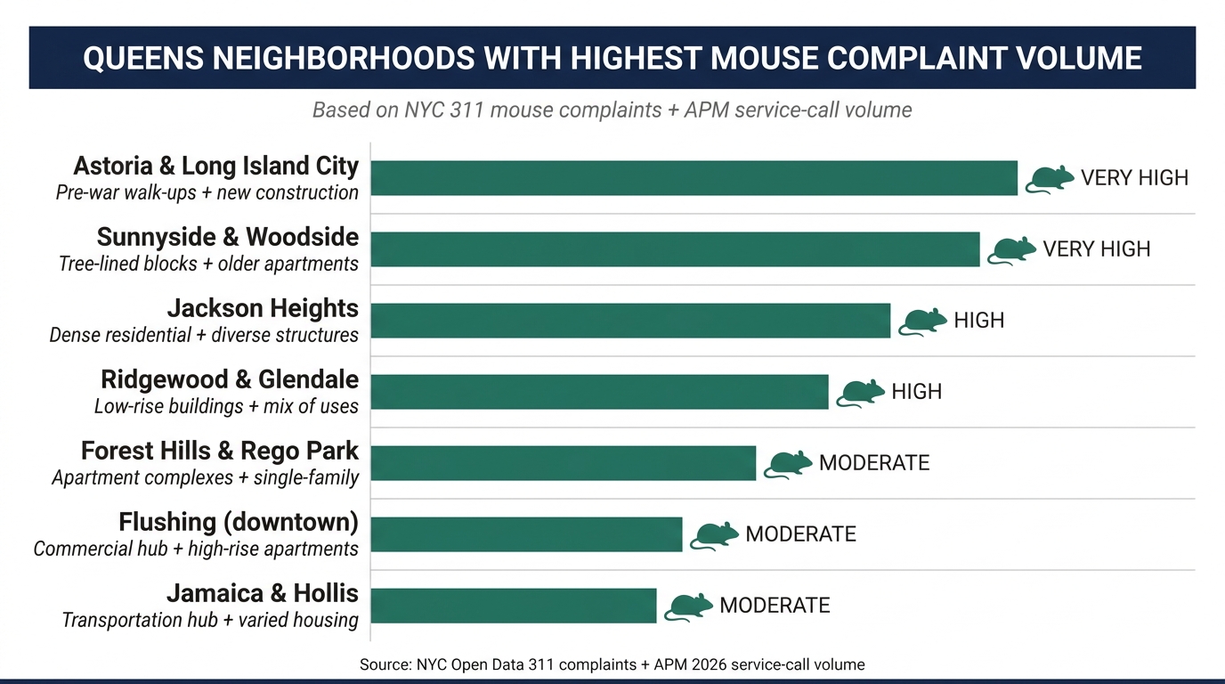 Bar chart of Queens neighborhoods with highest mouse complaint volume based on NYC 311 data and APM service-call volume — Astoria & LIC and Sunnyside & Woodside very high; Jackson Heights and Ridgewood & Glendale high; Forest Hills & Rego Park, Flushing, and Jamaica & Hollis moderate