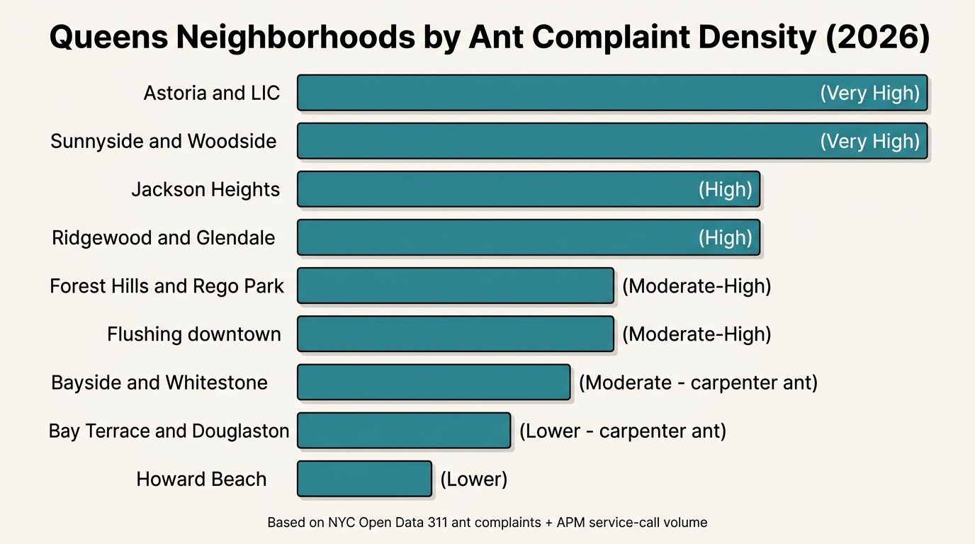 Horizontal bar chart ranking Queens neighborhoods by ant complaint density in 2026 based on NYC Open Data 311 ant complaints and APM service-call volume.