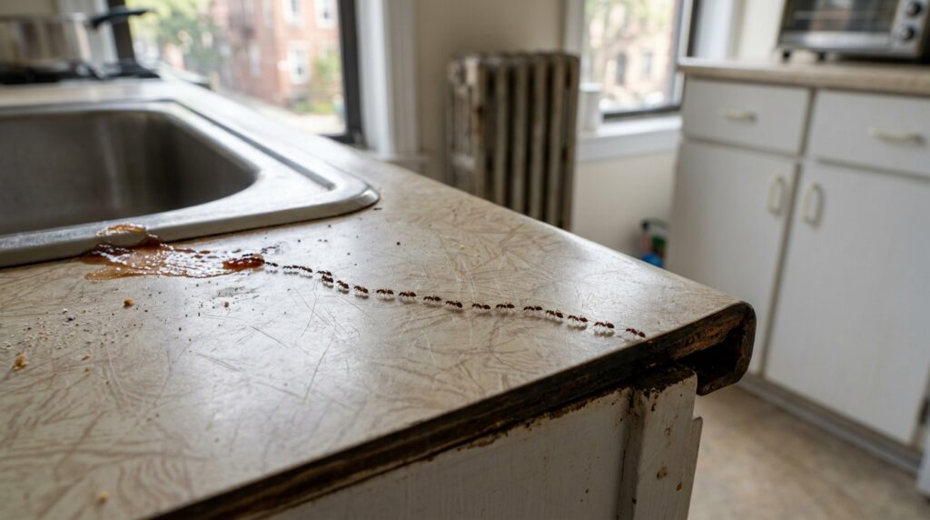 Close-up macro photograph of a thin foraging trail of tiny dark brown sugar ants marching across a worn vintage Formica kitchen counter near the stainless steel sink edge of an Astoria pre-war walk-up apartment kitchen, with the ants moving toward a 1/4-inch gap at the counter edge and a cast iron radiator visible in the soft-focus background.