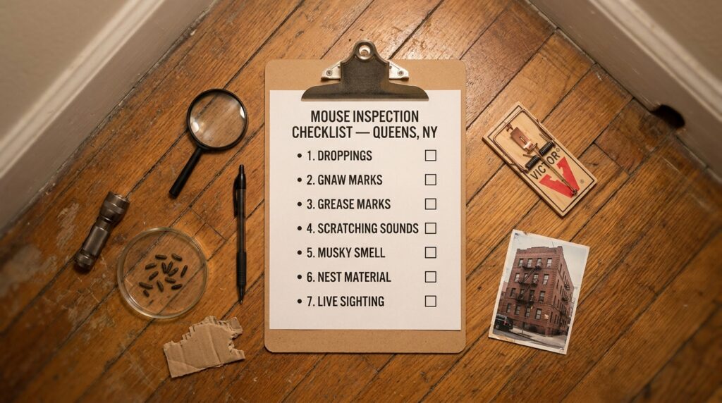 Overhead flat-lay of a mouse inspection checklist on a clipboard in a Queens apartment — 7-point checklist (droppings, gnaw marks, grease marks, scratching sounds, musky smell, nest material, live sighting), with a magnifying glass, flashlight, petri dish of mouse droppings, gnawed cardboard, Victor snap trap, and a Queens pre-war walk-up apartment building photo arranged on a hardwood floor
