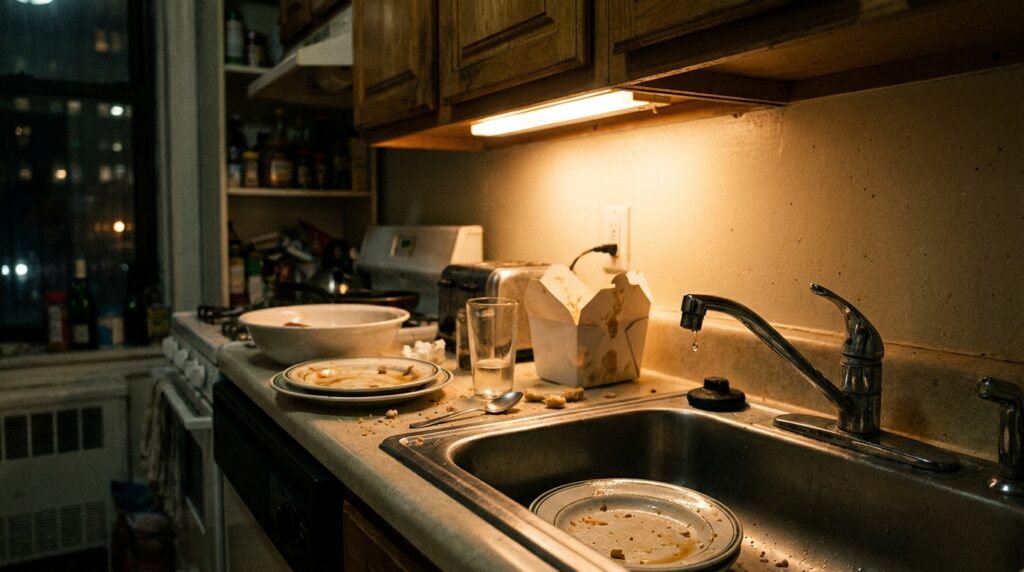 Messy New York City apartment kitchen at night with dirty dishes and crumbs that attract cockroaches