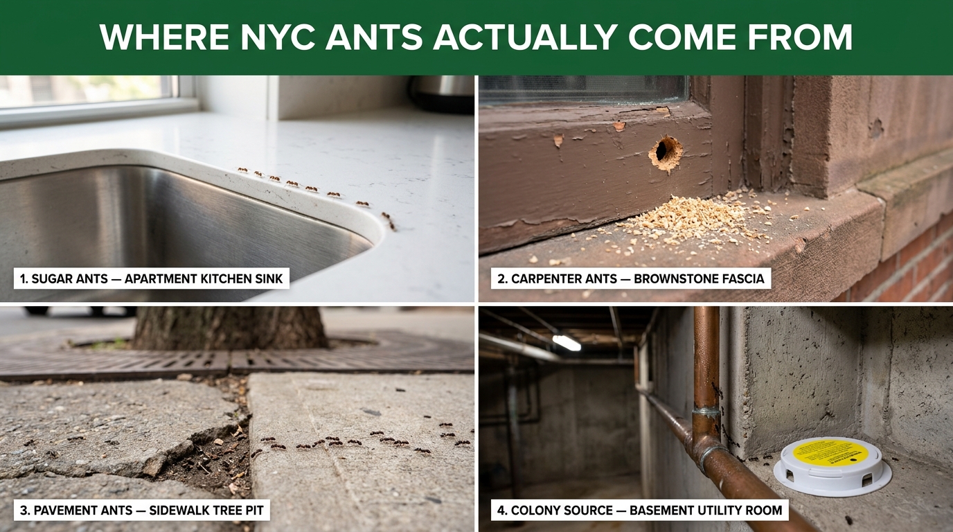 4-panel photo grid showing where NYC ants actually come from during a free apartment inspection — sugar ants on an apartment kitchen sink edge, carpenter ant damage in a Brooklyn brownstone fascia board, pavement ants emerging from a sidewalk tree pit, and a colony source bait station placed near a copper pipe in a basement utility room