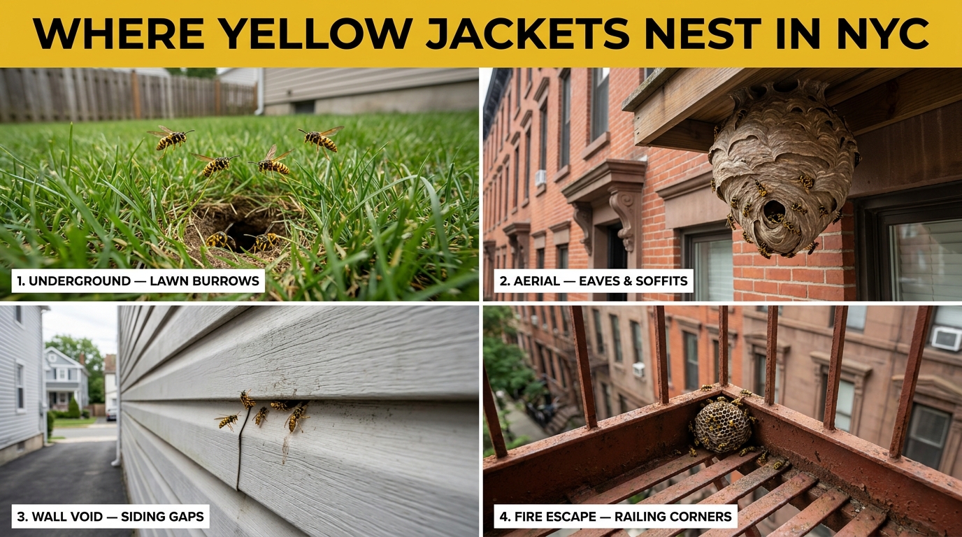 4-panel photo grid showing where yellow jackets nest in NYC — underground lawn burrows, aerial paper nest under a brownstone eave, wall void with yellow jackets entering a siding gap, and a paper nest in a fire escape railing corner