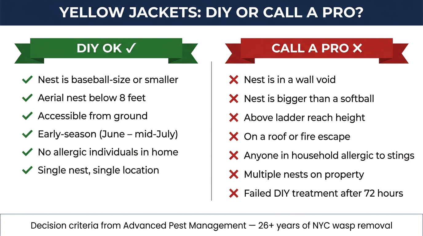 Two-column decision-tree infographic showing when DIY yellow jacket treatment is OK vs when to call a pro — DIY OK for small accessible early-season single nests; CALL A PRO for wall-void nests, nests bigger than a softball, nests above ladder reach, fire escape locations, allergic households, multiple nests, and failed DIY after 72 hours