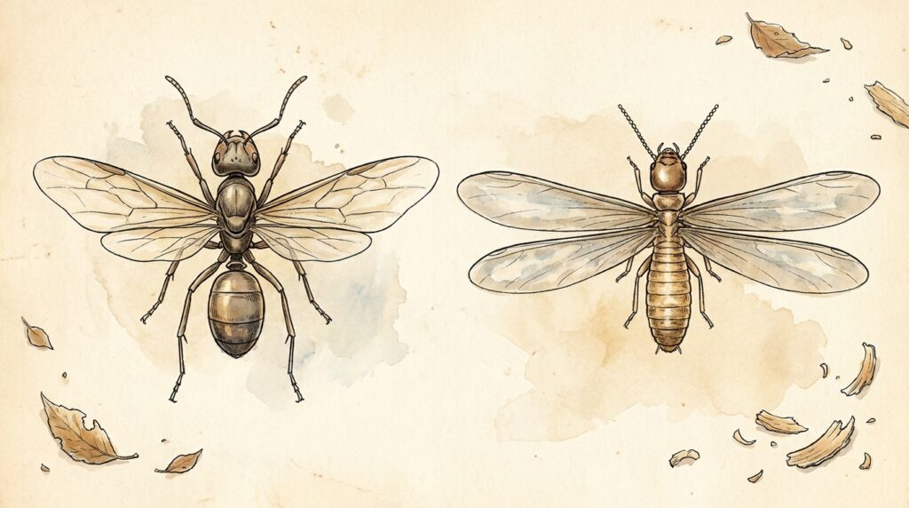 Watercolor field-guide comparison of a winged carpenter ant and an Eastern subterranean termite swarmer for NYC homeowners