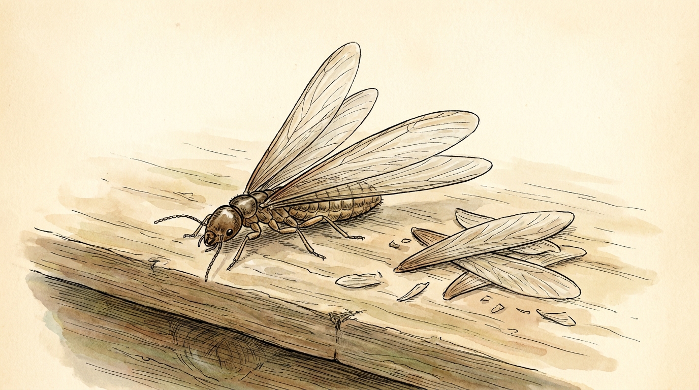 An Eastern subterranean termite swarmer beside its shed wings, the flying termite seen in NYC and Long Island homes