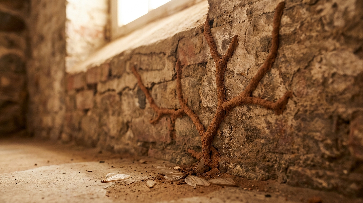 Subterranean termite mud tubes climbing a pre-war NYC basement foundation wall