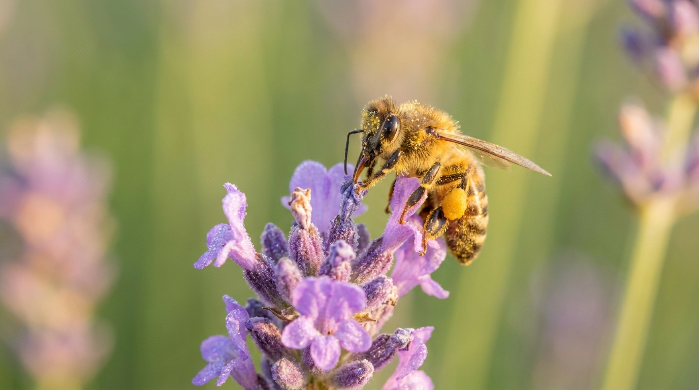 A honey bee carrying pollen baskets on a garden flower in New York