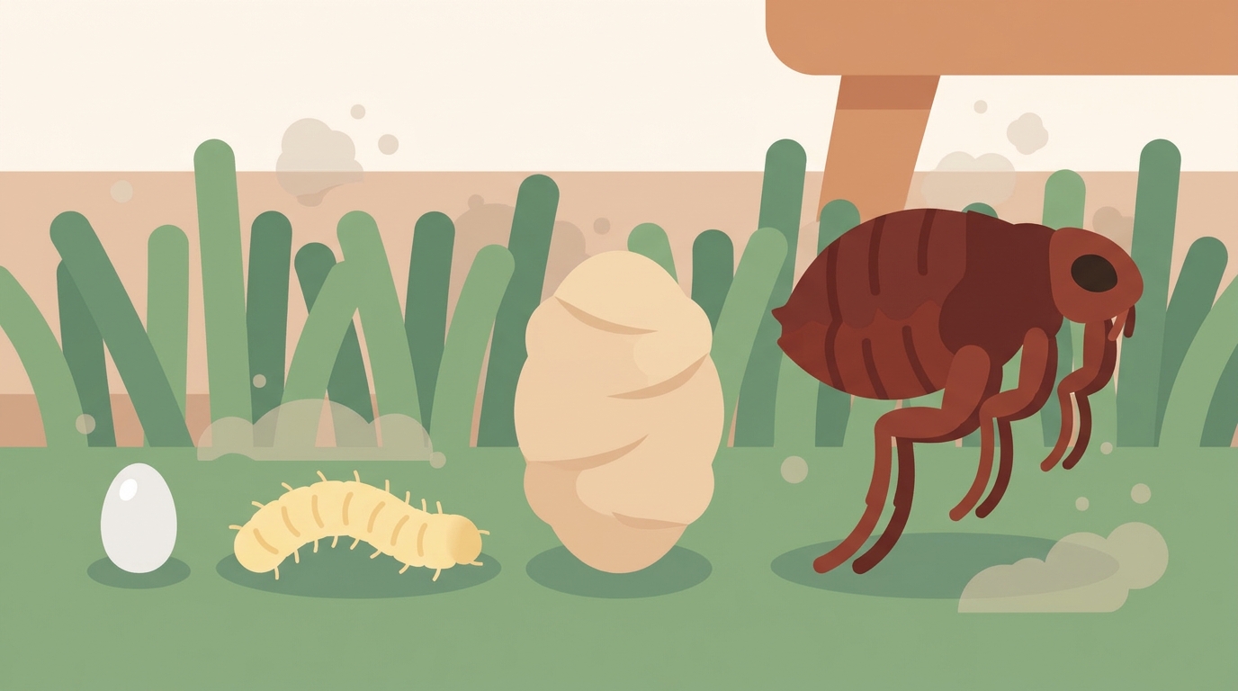 The four-stage flea life cycle, egg, larva, pupa, and adult, in carpet at floor level