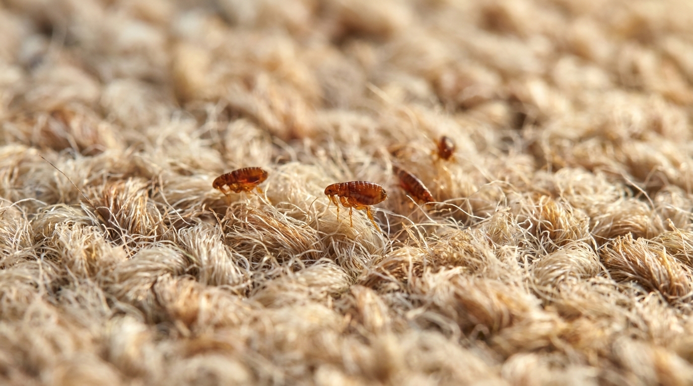 A macro of reddish-brown fleas nestled deep in the carpet pile of a NYC apartment
