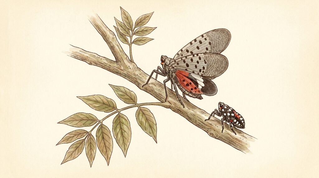Watercolor field-guide illustration of an adult spotted lanternfly and a nymph on a tree-of-heaven twig