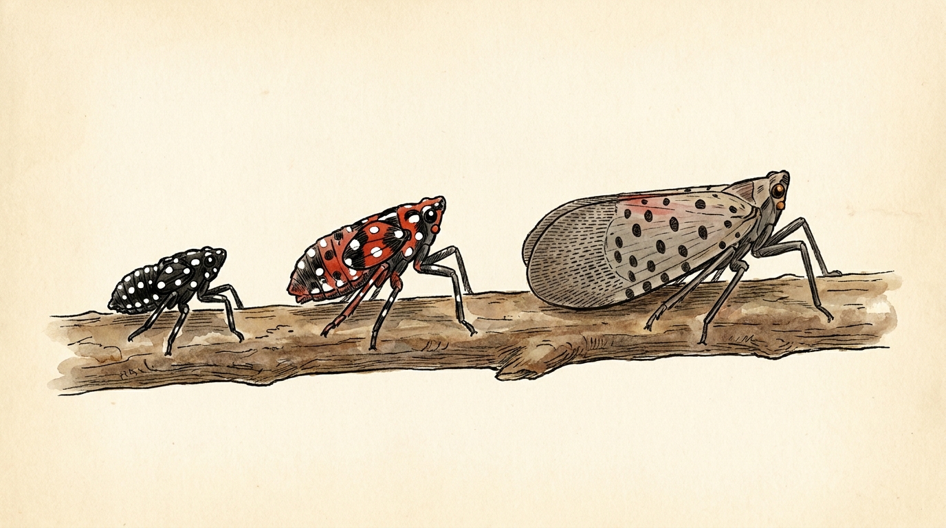 Spotted lanternfly life stages side by side: a black early nymph, a red late nymph, and the gray-winged adult