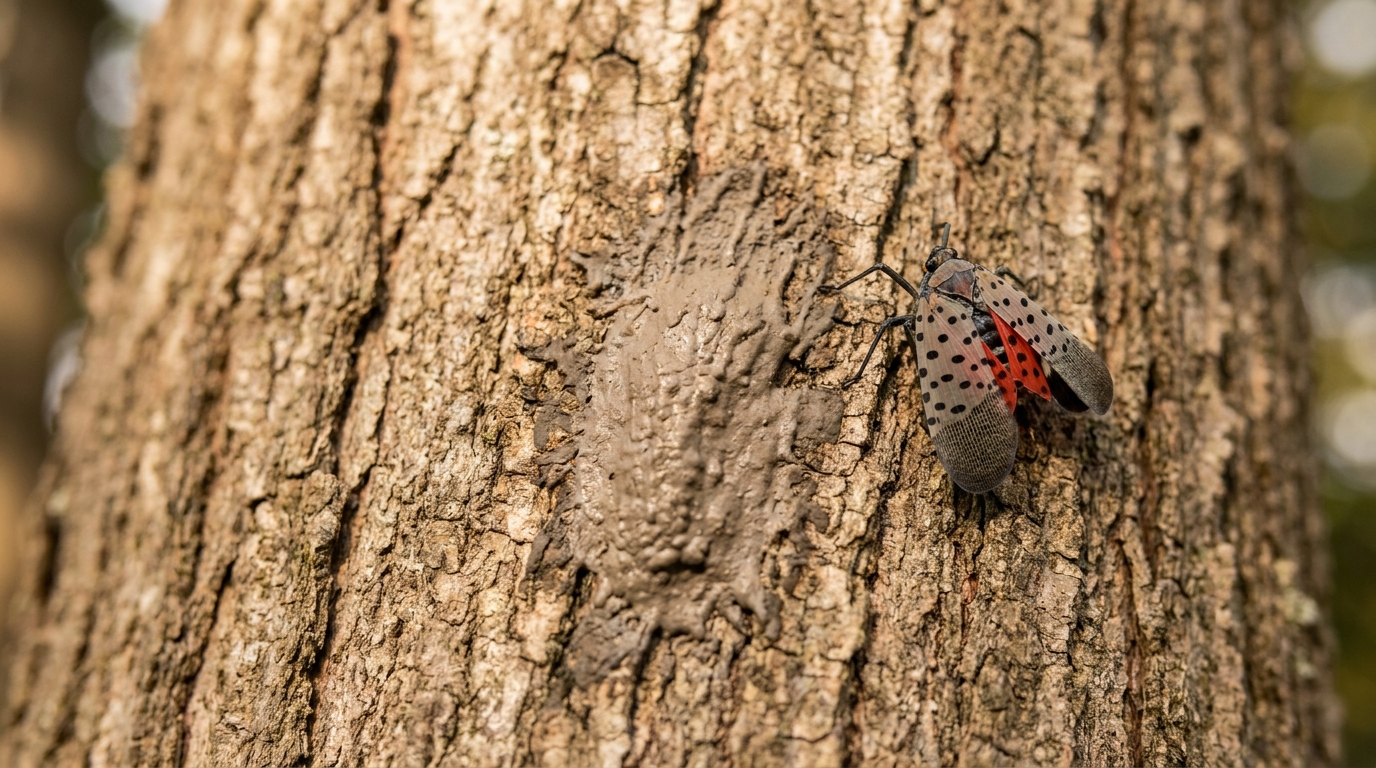 A gray, mud-like spotted lanternfly egg mass on tree bark beside an adult lanternfly