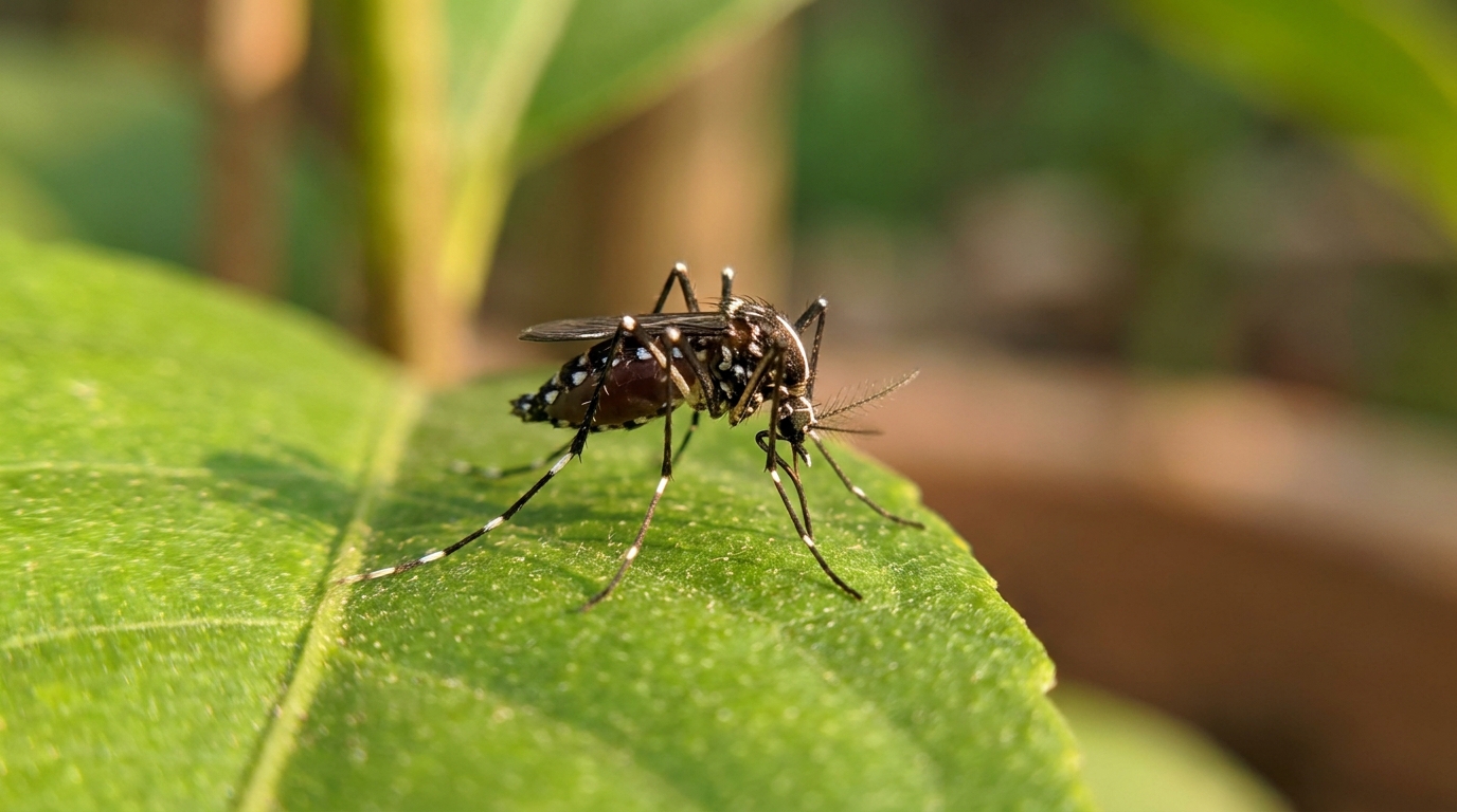 An Asian tiger mosquito with white-striped legs, the daytime biter in NYC and Long Island yards